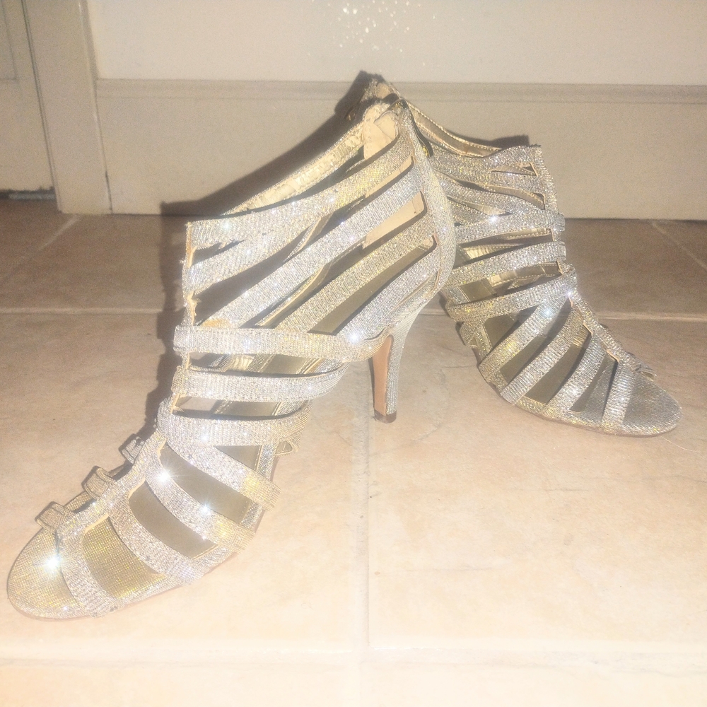 Kelly & Katie Silver And Gold Glitter Strappy High Heel Sandals Zipper Back